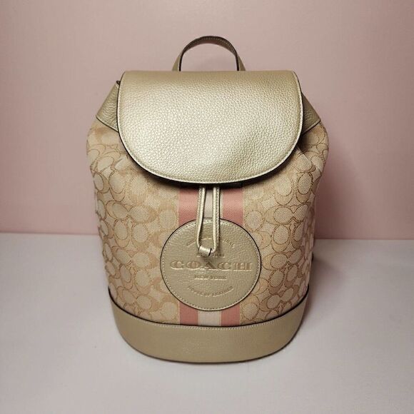 NWT Coach CF386 Dempsey Drawstring Backpack Jacquard Metallic Soft Gold - Picture 2 of 9